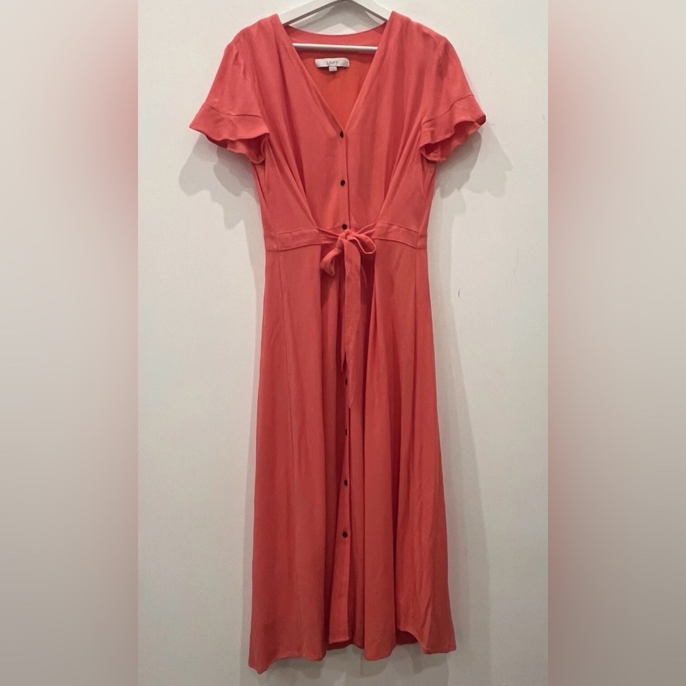 Loft Orange Coral Red Midi Shirt Dress Sz 8 Linen Blend Elegant Button-Down